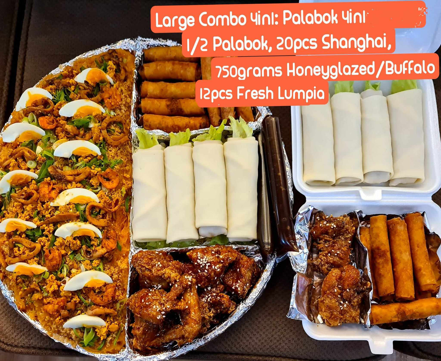 Large Combo 4in1: 1/2 Palabok, 20pcs. Shanghai, 750g Honeyglazed/ Buffalo, 12pcs. Fresh Lumpia - Cusina Makoli