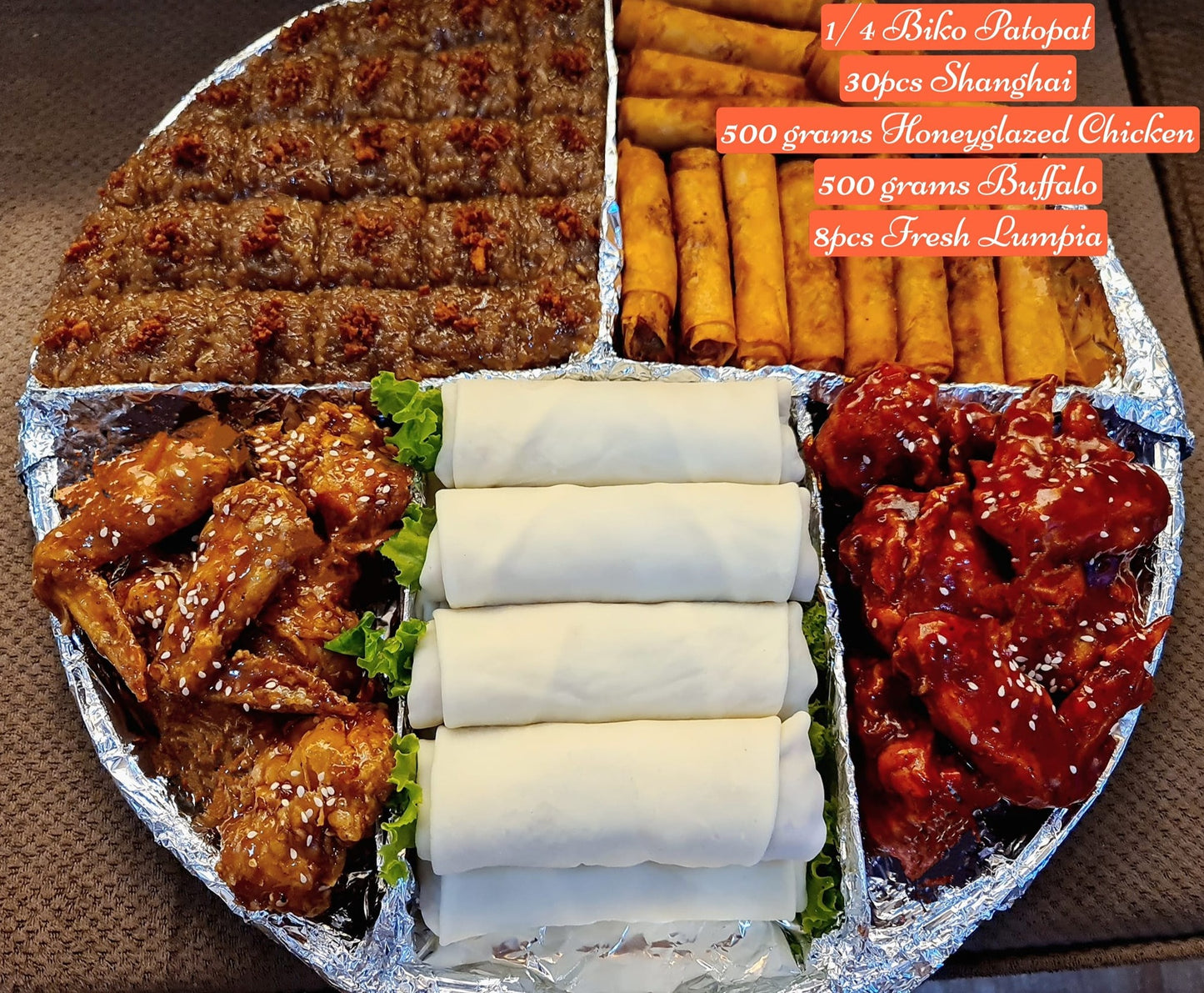 Large 5in1: 1/4 Biko Patopat, 30-pcs. Shanghai, 500g Honeyglazed Chicken, 500g Buffalo, 8-pcs. Fresh Lumpia - Cusina Makoli