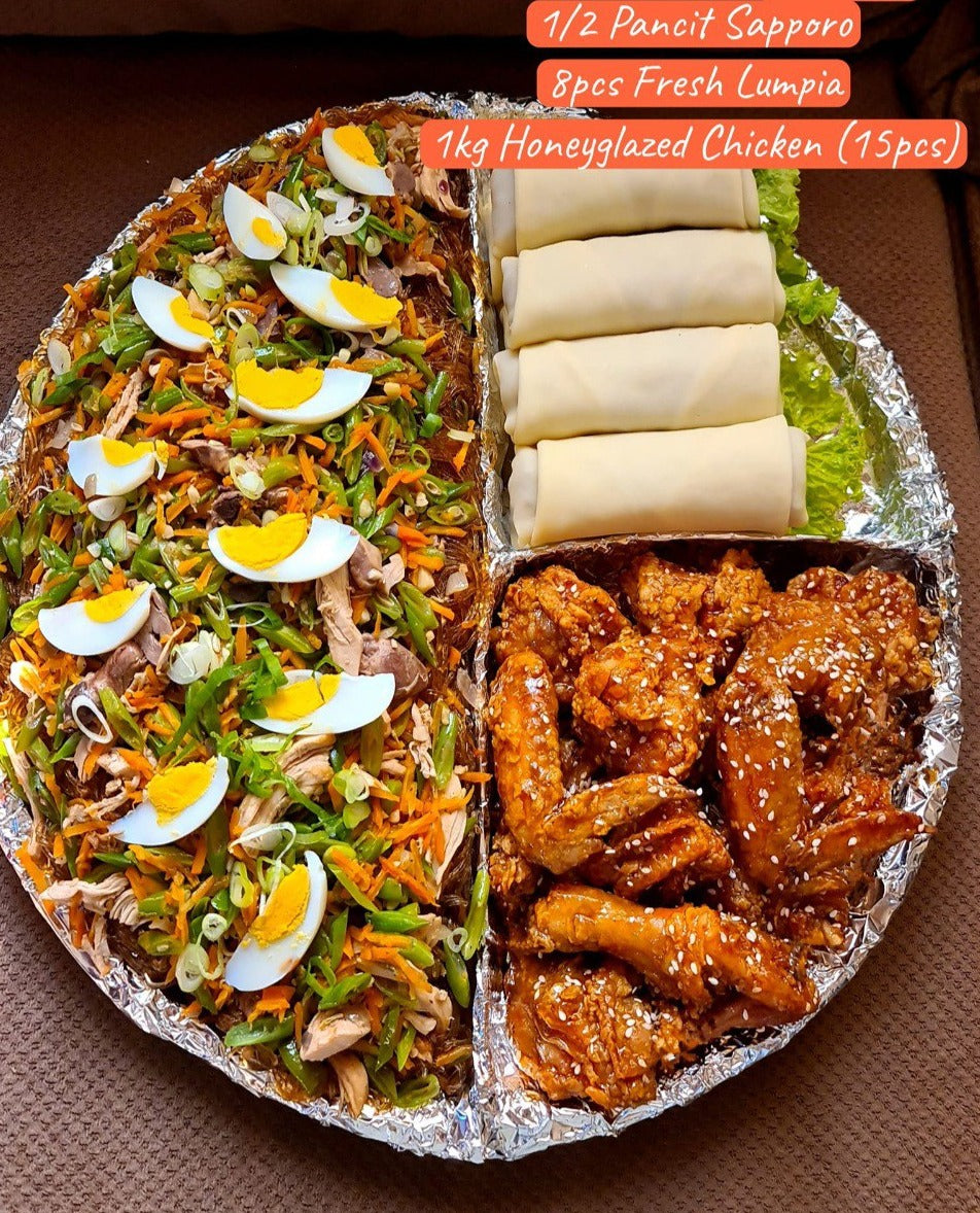 Large Combo 3in1: 1/2 Pancit Sapporo, 8-pcs. Shanghai, 1kg. Honeyglazed Chicken (15pcs) - Cusina Makoli