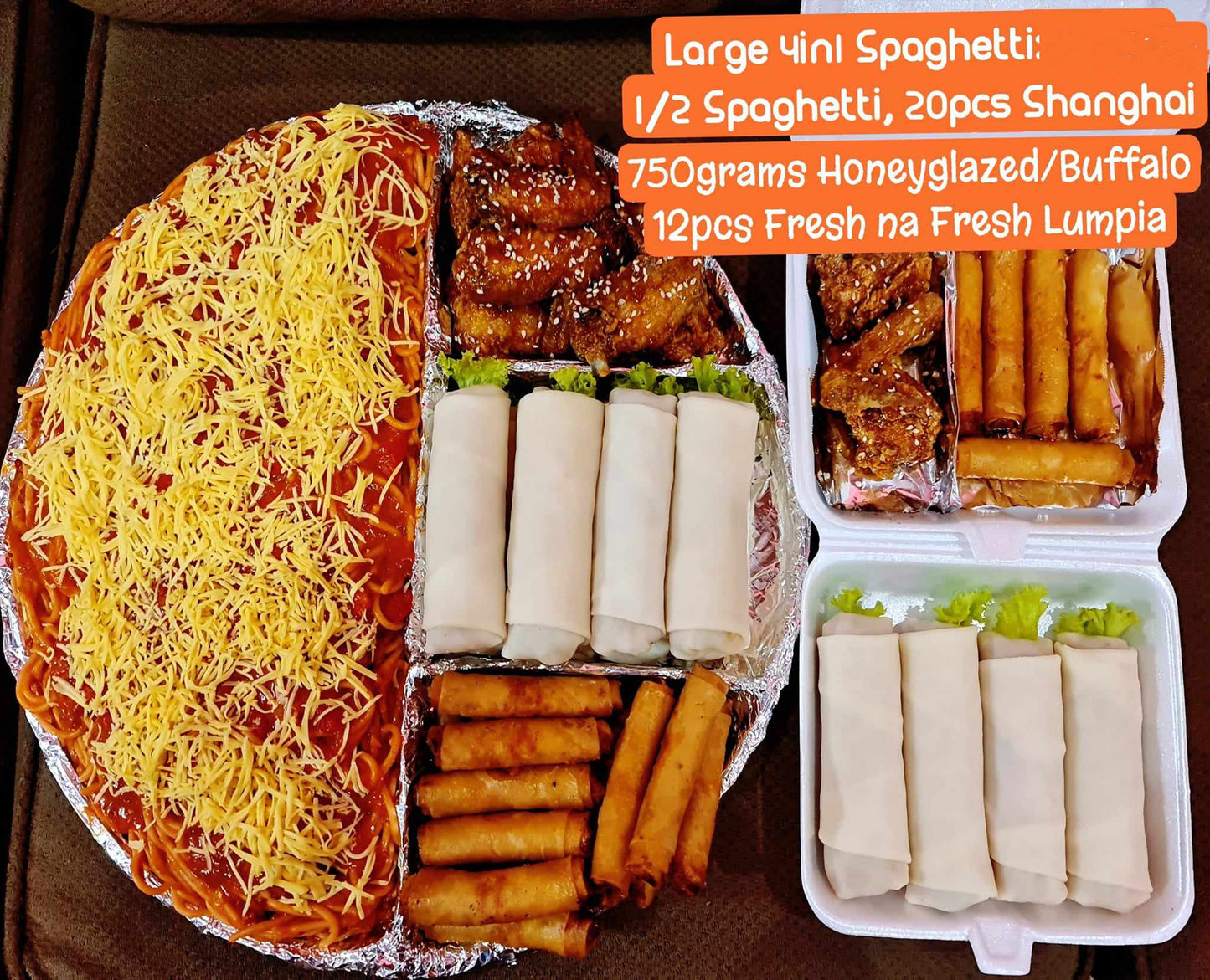 Large 4in1 Spaghetti: 1/2 Spaghetti, 20pcs. Shanghai, 750g Honeyglazed/Buffalo, 12pcs. Fresh Lumpia- Cusina Makoli